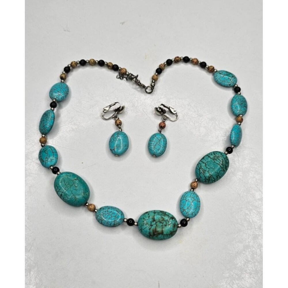 Faux Turquoise and Wood Choker Beaded Necklace and Clip-On Earring Set